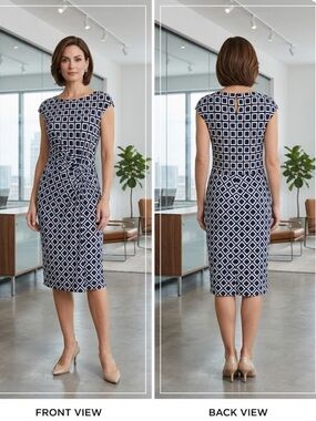 Lauren Ralph Lauren Geometric Twist Front Sheath Dress - Navy/White Size 16